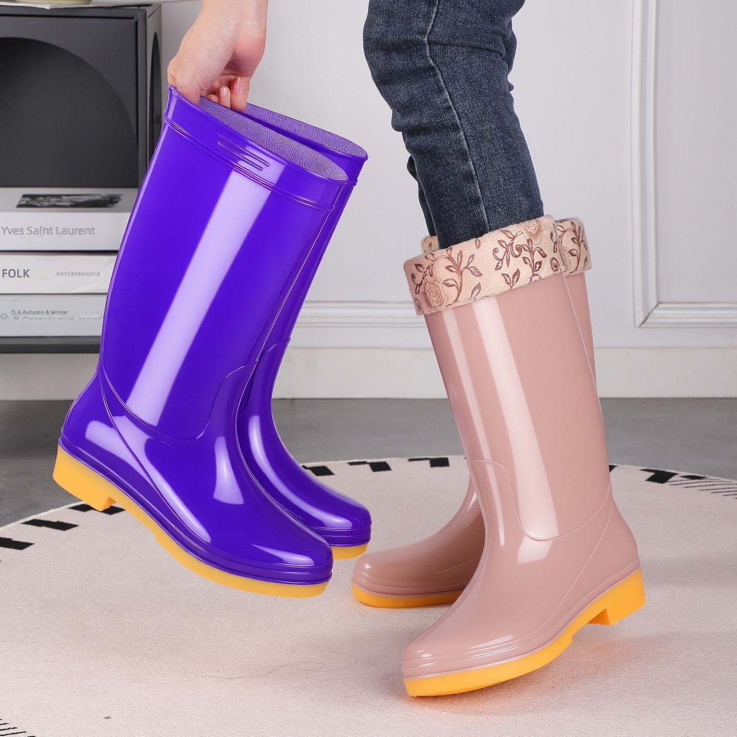 women-warm-cotton-lined-wellington-boots-non-slip-yellow-outsole